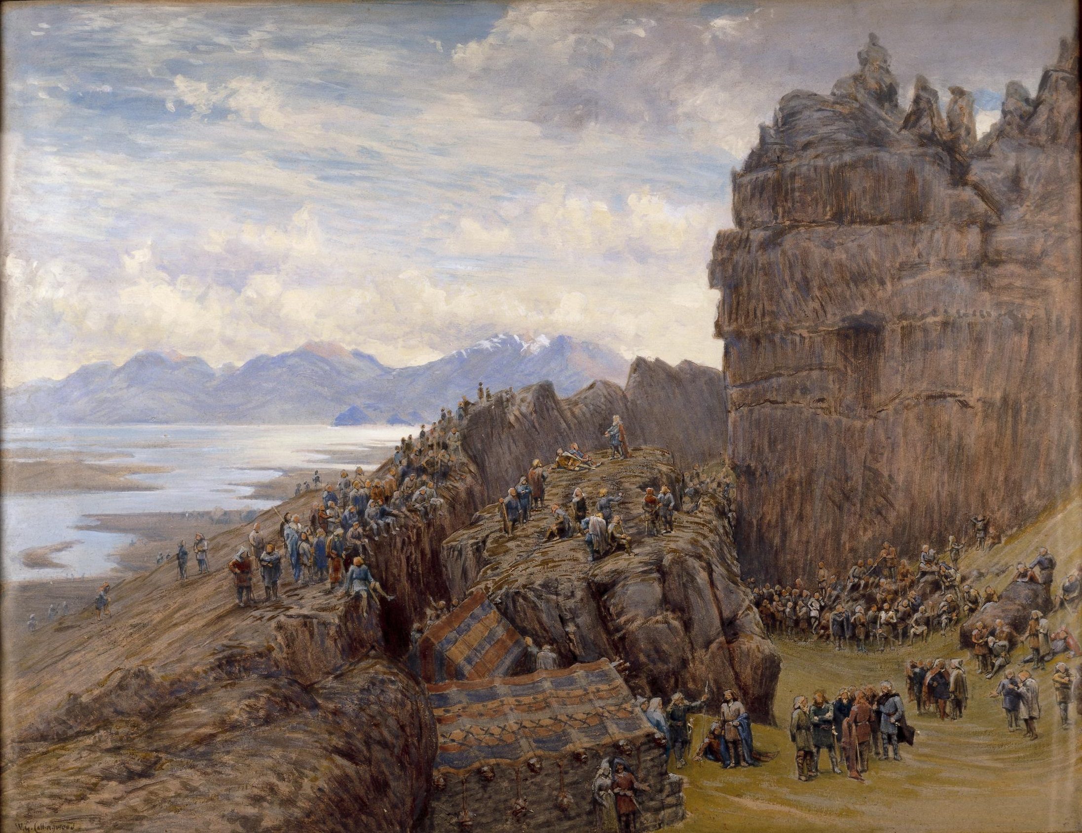 W. G. Collingwood's watercolor The Icelandic Thing: chieftains gathered beneath the Law Rock at Þingvellir